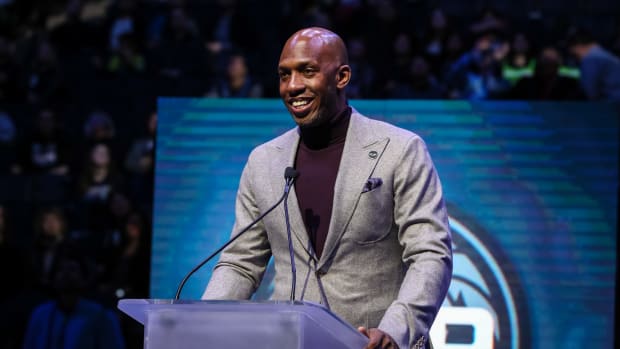 Feb 15, 2018; Minneapolis, MN, USA; Former player Chauncey Billups speaks during a ceremony honoring former Minnesota Timberwolves head coach Flip Saunders prior to a game against Los Angeles Lakers at Target Center. Mandatory Credit: Brace Hemmelgarn-USA TODAY Sports